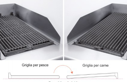 <span class='evidenza'>Le griglie della serie 900, removibili e ribaltabili</span>, non conoscono limiti di cotture. Carne, pesce e verdure, tutto cotto a meraviglia, per unire eccellenza nei risultati e assoluta comodità nella pulizia. Un modo perfetto e naturale di grigliare, favorendo la dispersione dei grassi e garantendo cotture più sane e digeribili. L'evaporazione dell'acqua nella vasca sottostante al piano e la presenza di cupole in acciaio inox permettono di cuocere per irraggiamento di calore.