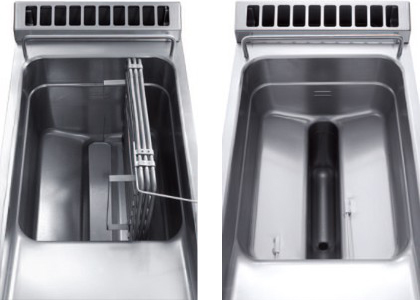 <span class='evidenza'>Friggitrici</span> a gas ed elettriche; le vasche si puliscono facilmente grazie alla rotazione delle resistenze, per le elettriche, e all'assenza di bruciatori in vasca per quelle a gas. Ampia zona fredda nella parte inferiore per mantenere a lungo l'integrità dell'olio utilizzato. Versioni elettroniche con ciclo melting, per un utilizzo ottimale dei grassi. Vasche integrate al piano, stampate con curve ad ampio raggio per mantenere perfettamente a lungo l'olio utilizzato ed assicurare fritture eccelse di pesce, verdure e patate ad alta croccantezza.